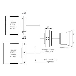 Adaptador Cámaras ZWO a objetivos Nikon con Portafiltros