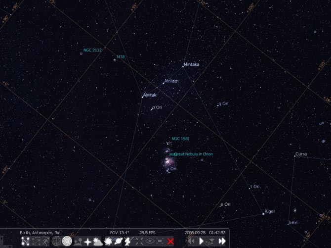 Imagen de Stellarium. Mapa Celeste del Cinturón de Orión y la Gran Nebulosa de Orión M42.